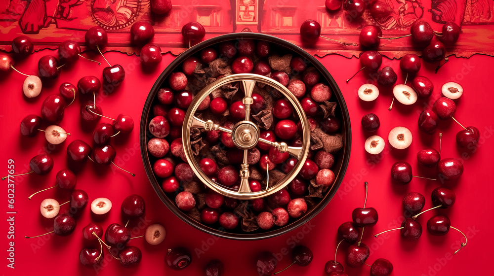 Poster a cherry on a red background was viewed from the top - generative ai.