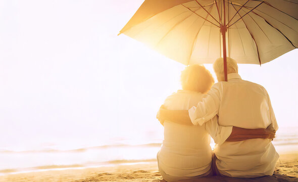 old couple on beach - elderly couple at the sea - senior couple hug at sunset under the parasol Generative AI