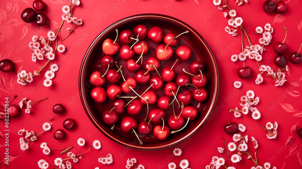 Poster a cherry on a red background was viewed from the top - generative ai.