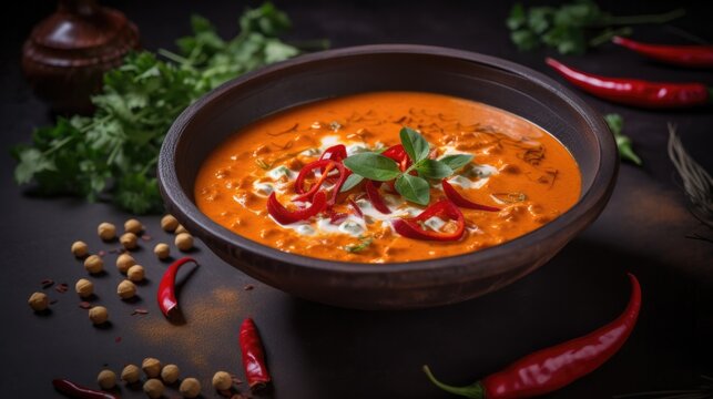 Chicken tikka masala in a clay pot on black background - made with generative AI