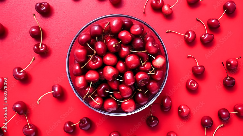 Poster the cherry atop a red background was visible from the top - generative ai.