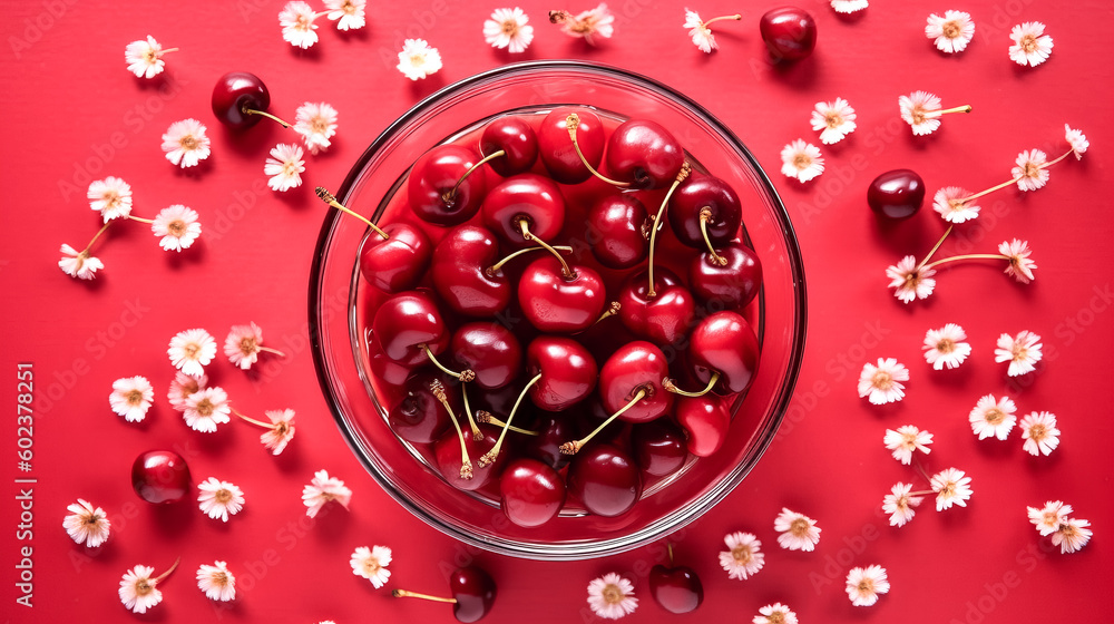 Poster a cherry on a red background was viewed from the top - generative ai.