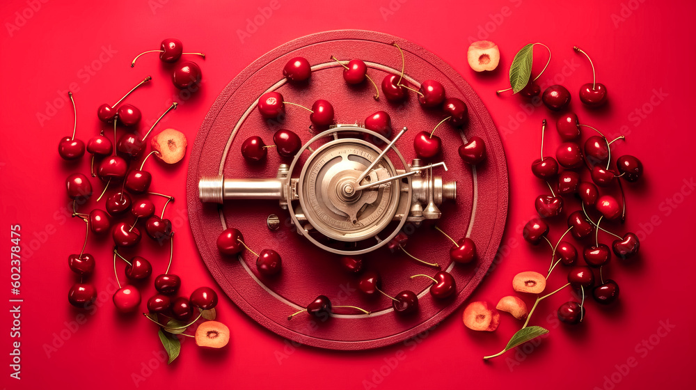 Poster the image shows a cherry on a red background, as seen from above - generative ai.