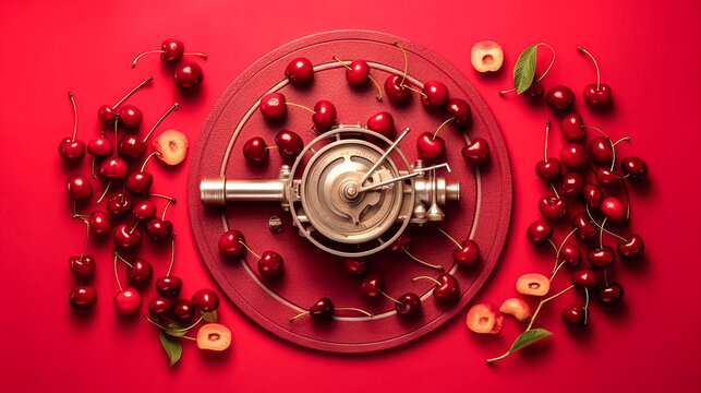 The image shows a cherry on a red background, as seen from above - generative ai.