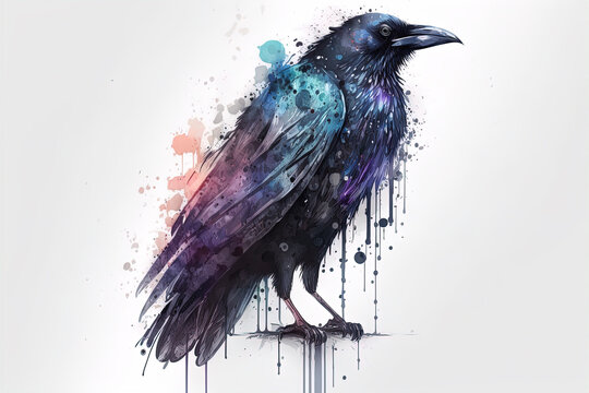 Raven sitting on branch, isolated illustration of crow, crow in the wildlife, watercolor illustration of crow, generative ai