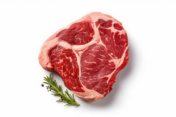Fototapeta premium Ribeye steak top view. Raw meat with spices isolated on white background, generative ai