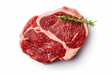 Ribeye steak top view. Raw meat with spices isolated on white background, generative ai