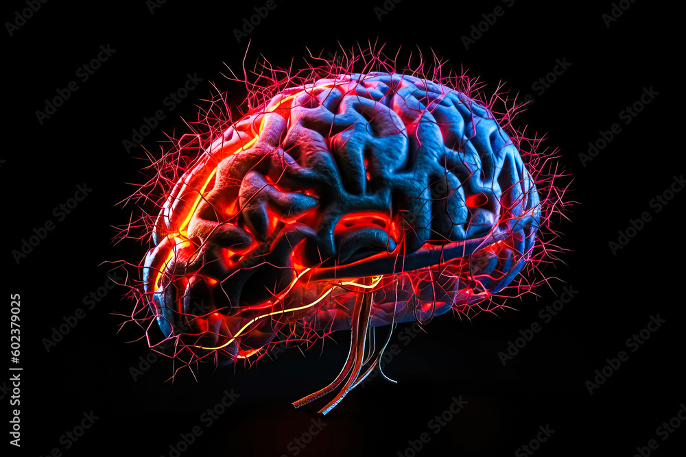 Poster brain abstract digital human brain. neural network digital electrical activity, flashes and lightnin