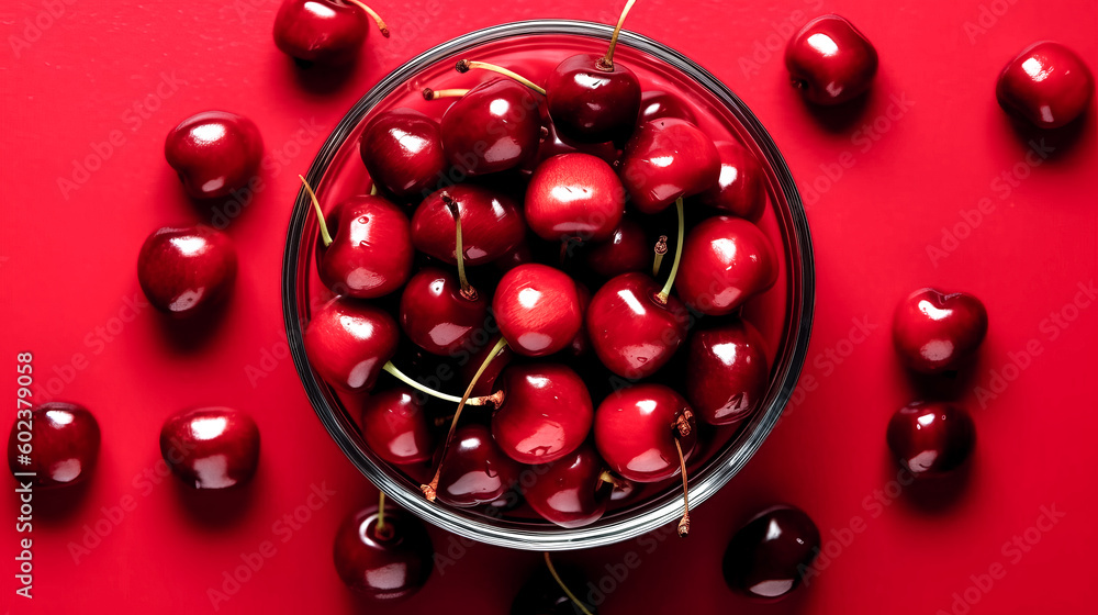 Aufkleber an image was captured of a cherry on a red background, the view from the top- generative ai.