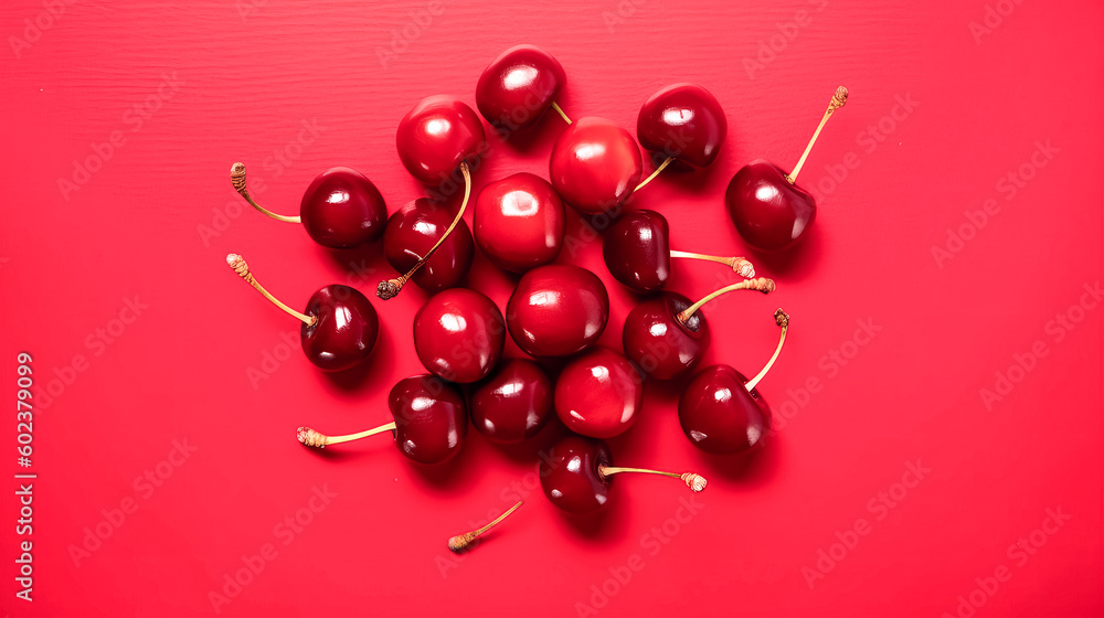 Poster a cherry on a red background was viewed from the top - generative ai.