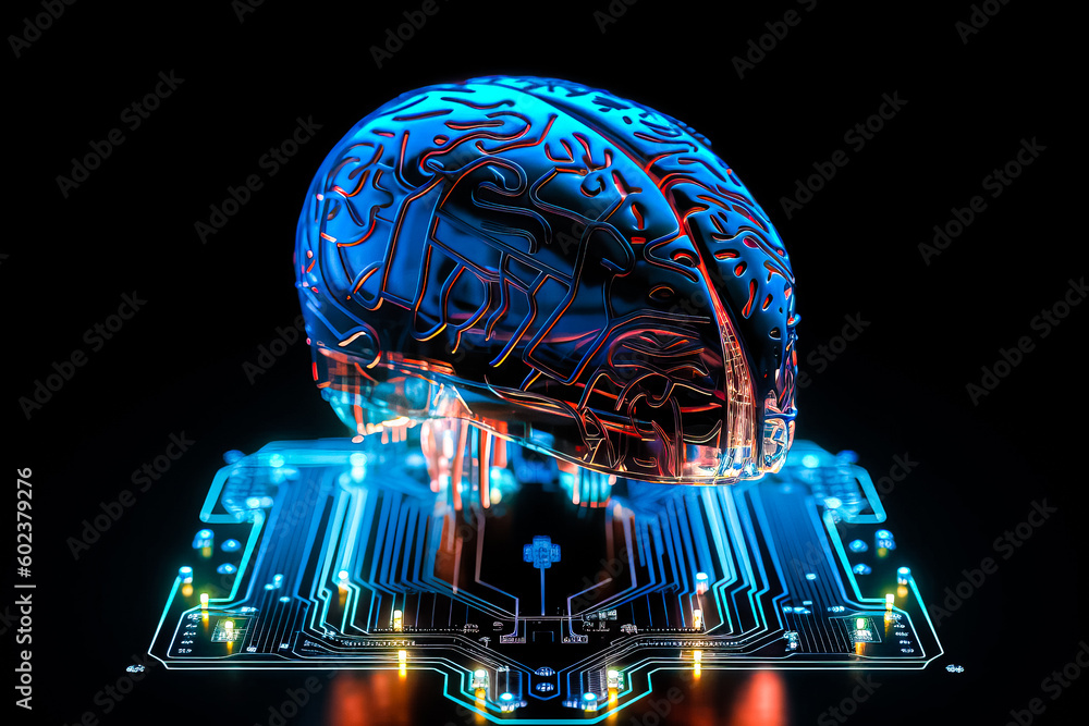 Poster ai chipset with human brain on computer circuit board. artificial intelligence, data mining, and dee
