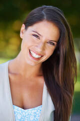 Happy, smile and portrait of a woman with dental care in a park in summer for beauty, oral hygiene and confident in nature. Face, garden and young female person outdoor with clean mouth or dentistry