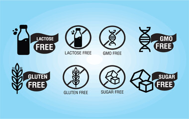 Lactose, gluten, GMO, sugar-free stamp, badge and sticker for product packing. Healthy diet icons for production and marketing companies. Editable vector format. eps 10.