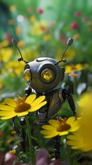 Adorable Robot Bee Contemplating Beautiful Yellow Flower