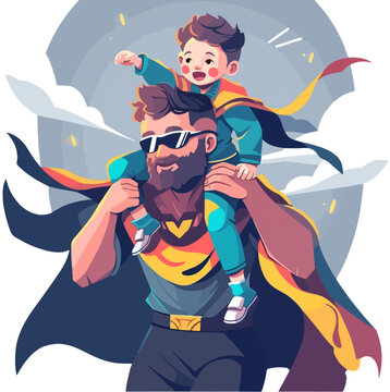 Dad in superhero costume holds son on his shoulders. Happy Father's day greeting card. Cartoon character