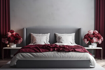 Contemporary bedroom in grays and burgundy. Photorealistic illustration generative AI.