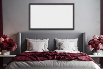Mock up an empty frame above the headboard in a modern bedroom. Photorealistic illustration generative AI.