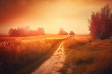 Road leads to a field as the sun rises. Generative AI
