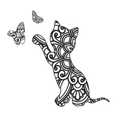 black and white tattoo.Vector cat animal mandala coloring page for kids