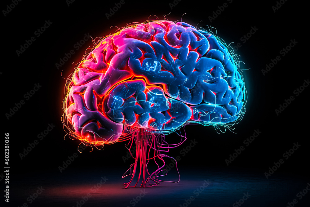 Poster brain abstract digital human brain. neural network digital electrical activity, flashes and lightnin
