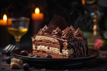 Fototapeta na wymiar Plate with slice of tasty homemade chocolate cake on table. Generative AI