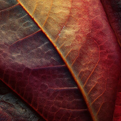 Close-up of an autumn leaf with shades, natural texture, and warm tones. Creates a cozy background for design inspiration. generative AI