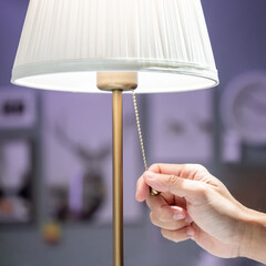 Buying lighting equipment concept. Male hand pulling light switch chain on white lamp in home decor...