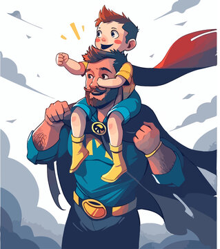 Dad in superhero costume holds son on his shoulders. Happy Father's day greeting card. Cartoon character
