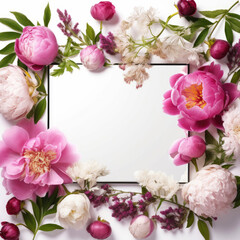 Frame from peonies on a white background