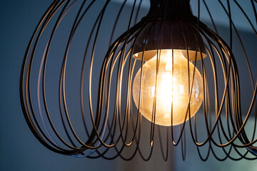Contemporary curved steel hanging lamp or lantern with warm light bulb. Lighting design concept