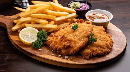 Schnitzel with french fries, salad and tartar sauce - made with generative AI