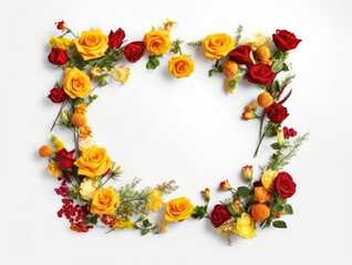 A frame of small red and yellow roses on a white background for greeting card design