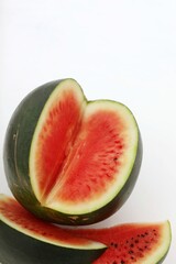Watermelon, juicy berry, towering culture, on a white background, cut, heart, red, summer, rest, vitamin, healthy food, vegetable food, background image, background, hello summer, snack, write, text, 
