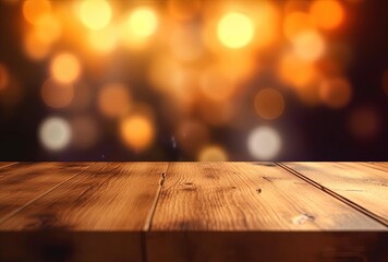 rustic wooden table with dim light on blurred background, generative ai