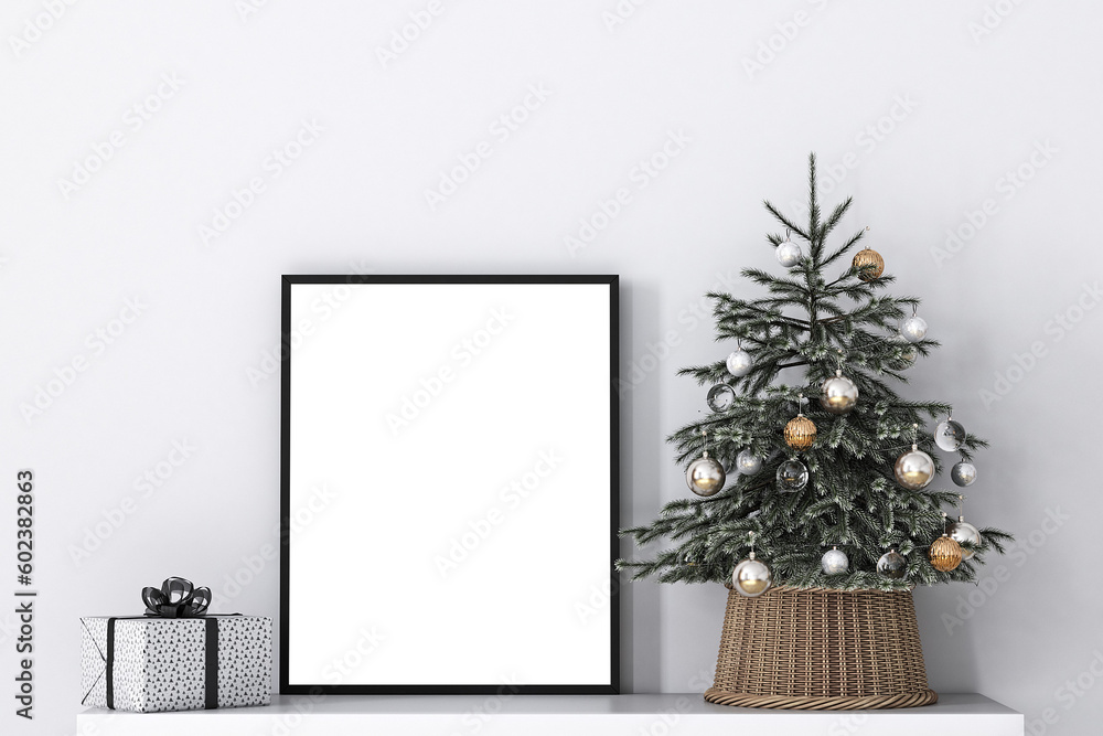 Wall mural Christmas tree  and frame mockup, 3d rendering