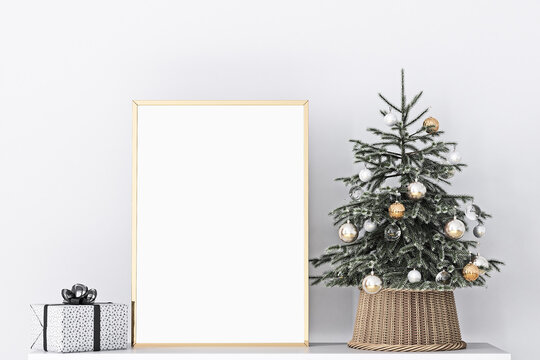 Gold frame mockup Christmas tree with blank sign, 3d rendering