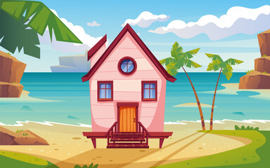 Island lake sea house city beach landscape town hotel resort concept. Vector graphic design illustration
