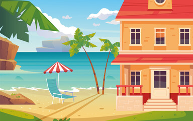 Island lake sea house city beach landscape town hotel resort concept. Vector graphic design illustration

