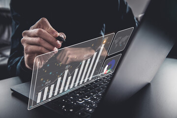 An analyst uses a computer and dashboard for data business analysis and Data Management System with...