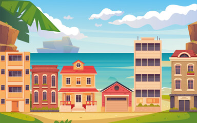 Island lake sea house city beach landscape town hotel resort concept. Vector graphic design illustration
