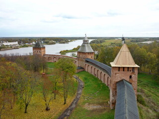 Fototapeta na wymiar View from above on the towers and walls of the Novgorod Kremlin Detinets. Velikiy Novgorod.