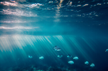 Underwater view of tropical coral reef with hard corals and tropical fish. Generative AI.