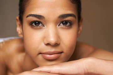 Face portrait, beauty or massage for woman to relax for resting, zen calm or wellness physical...