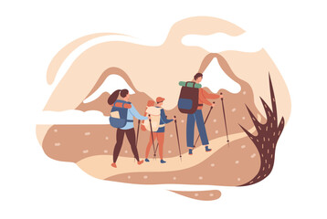 Active family of tourists go to the mountains