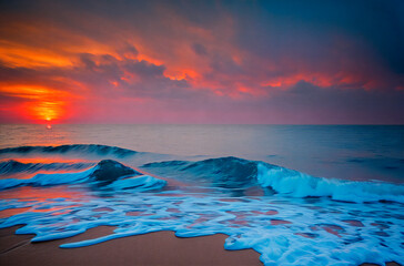 Obraz premium Beautiful sunrise on the beach. Colorful sky over the sea. Generative AI.