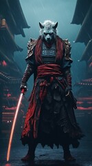 Fototapeta premium Fierce Samurai Warrior in Wolf-Head Armor Ready for Epic Battle