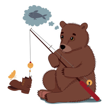 A funny cute teddy bear is fishing. Caught an old shoe. Dreams of a fish. Hand-drawn colorful flat modern illustration. Png file on transparent background.	
