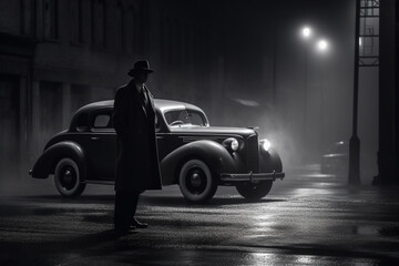 Film Noir Gangster Scene - Vintage Car and Man, Generative AI