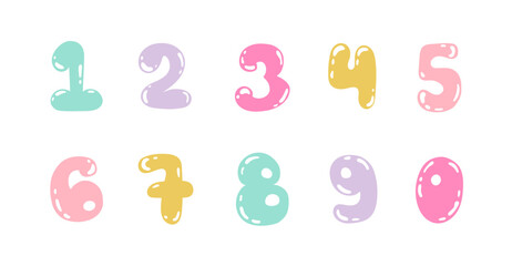 A set of numbers from 0 to 9. Soft colors. Collection of Arabic numerals. Inflatable figures for holidays, anniversaries, greeting cards, birthdays, invitations, math textbooks. children's font