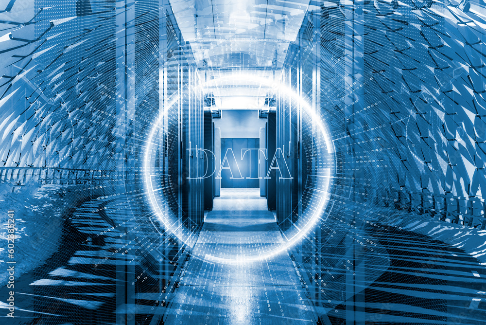 Aufkleber 3d render dolly shot of the interior of a data center with glowing circuit board lines running along